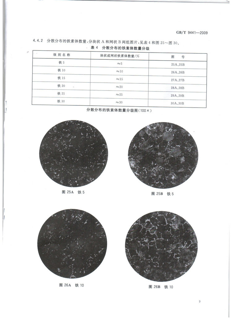 球墨鑄鐵金相檢驗國家標準GB/T 9441-2009